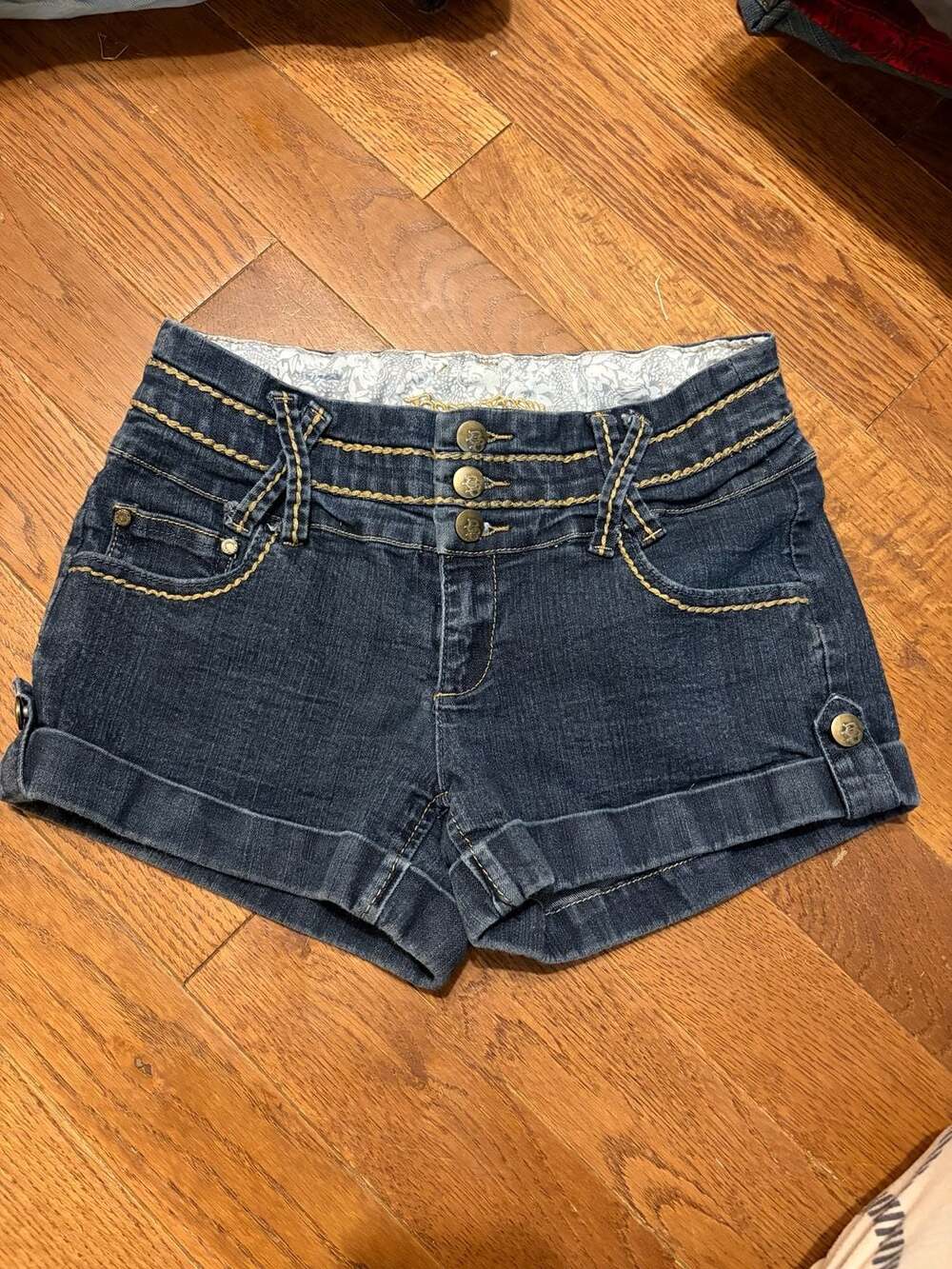 Boom Boom Jeans Dark Denim Shorts with Gold Embroidery and Button Closure